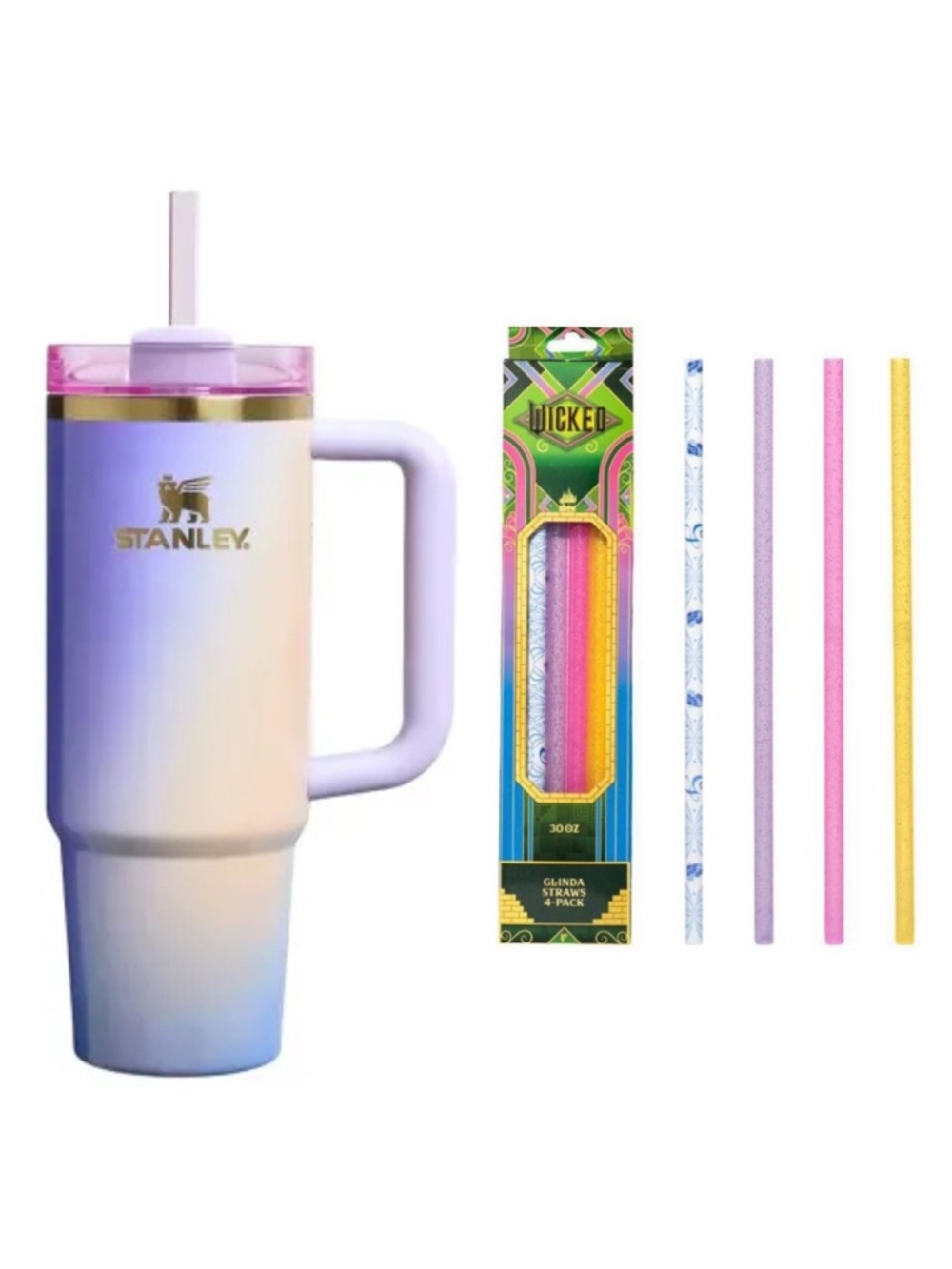 NWT Stanley x Wicked Glinda For Good 40 Oz Quencher Tumbler & Straws 4- Pack